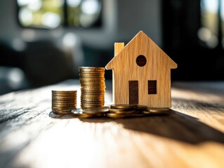 A wooden house model stands beside stacks of coins on a table. The soft sunlight illuminates the scene, symbolizing financial growth and home ownership aspirations.