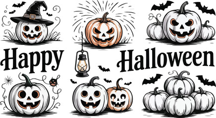 Happy Halloween Illustration with Cartoon Pumpkins, Bats, a Witch Hat, and Lantern on White Background