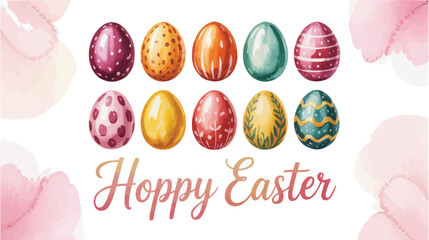 Hoppy Easter Watercolor Illustration with Colorful Decorated Eggs and Pink Floral Accents on White Background