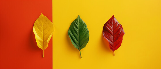 Fototapeta premium Leaves Changing Color Three Leaf Stages on Colorful Background