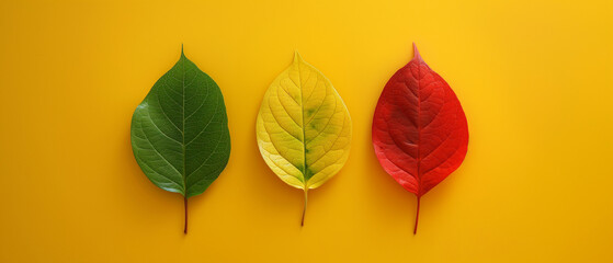 Obraz premium Three Colorful Autumn Leaves in a Row on Yellow Background