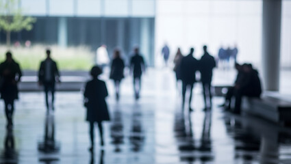 Blurred silhouettes of people walking in a bright interior space with reflections.
