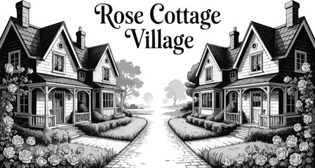 Illustrated Black and White Rose Cottage Village Houses with Rose Gardens and Paved Pathway