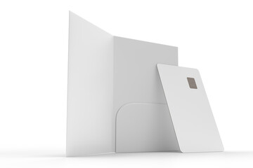 3D Realistic plastic credit card and pocket folder open leaflet mockup isolated on background. Blank template design for business technology payment, digital pay and finance concept.