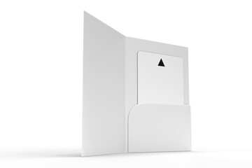 3D Realistic plastic hotel apartment keycard with magnetic strip and booklet holder, open leaflet mockup isolated on background. Blank template for branding hotel key card, credit card, guest room