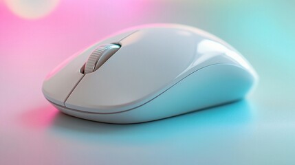 White computer mouse on a surface with vibrant pink and blue lighting