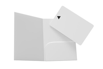 3D Realistic plastic hotel apartment keycard with magnetic strip and booklet holder, open leaflet mockup isolated on background. Blank template for branding hotel key card, credit card, guest room
