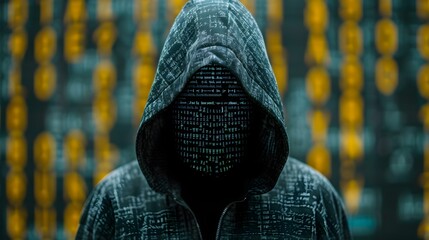 Hooded Hacker Figure with Code Reflected on Face for Cybersecurity