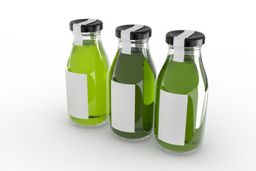 Glass Bottle and Label Mockup on isolated background. Empty template for design branding beverages assortment, soft drink, energy drink, juice, iced soda, fruit milk, flavoured fizzy or refreshments