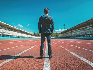 Man in a suit stands on a running track looking towards the finish line