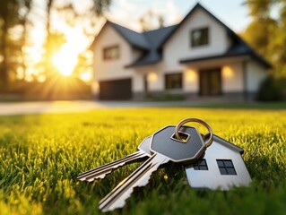 Golden sunlight illuminates a set of keys placed on lush green grass. In the background, a modern house stands, symbolizing home ownership and new beginnings.