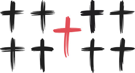 Fototapeta premium Painted Black Crosses with Central Red Cross Symbol on a White Background Resource