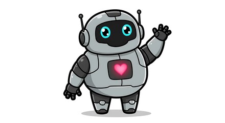 Adorable chubby robot with a glowing pink heart waving its hand in greeting.