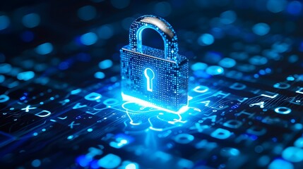 Digital Padlock with Glowing Blue Circuitry for Cybersecurity