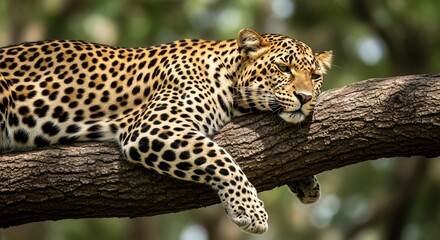 Obraz premium A majestic leopard with distinctive spotted fur peacefully dozing on a sturdy tree branch in a natural environment.