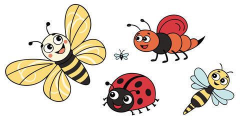 Fototapeta premium Cute cartoon bees and ladybug insects isolated on white background.eps
