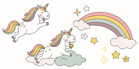 Whimsical unicorns and rainbow illustration with stars and clouds isolated on white background.eps