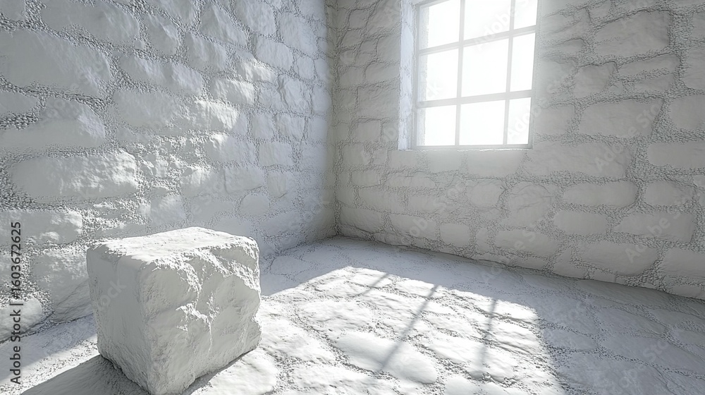 Poster white stone room with cube. sunlight streams through window
