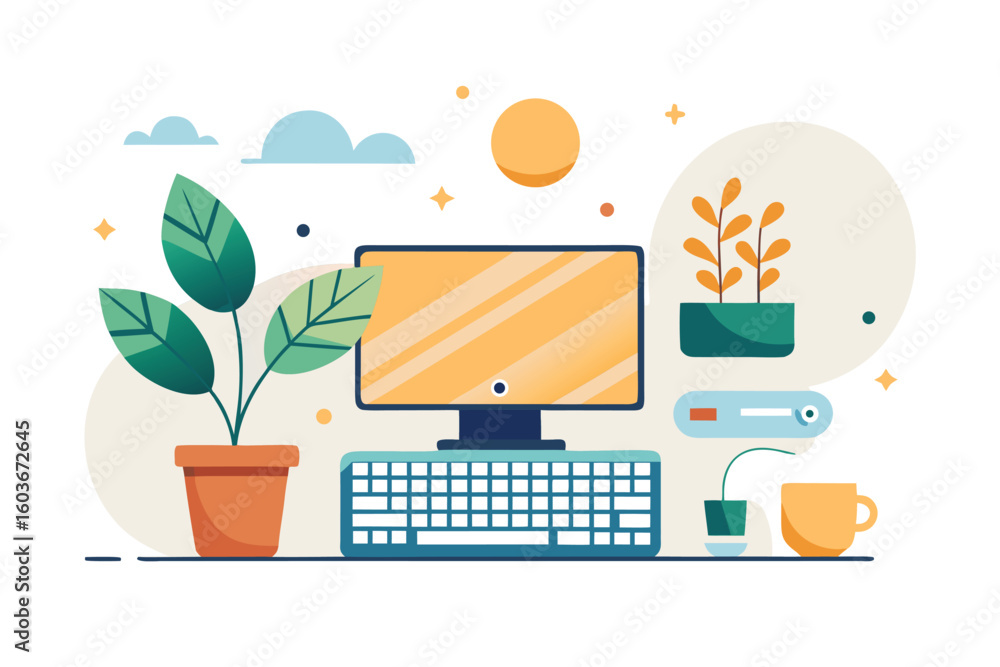 Poster cozy computer setup with plants and coffee keyboard monitor