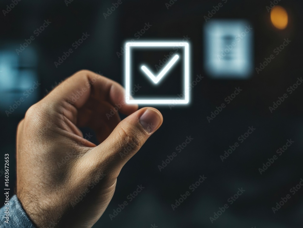 Poster a hand grips a luminous check mark, symbolizing affirmative action in a modern digital environment. 