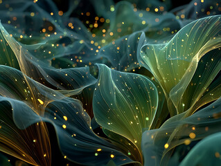 Naklejka premium Abstract translucent leaves with glowing golden particles in a dark background