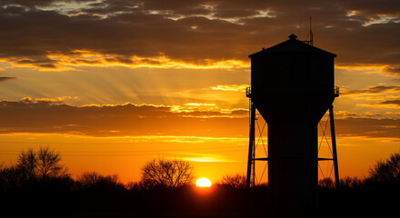 Silhouetted water tower at sunrise