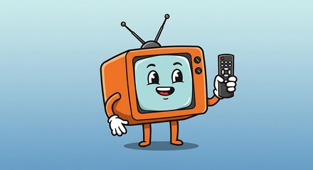 Happy Retro Television Cartoon Character Holding a Remote Control