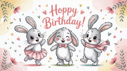 Fototapeta premium Three Adorable Bunnies Celebrating a Hoppy Birthday with Flowers and Hearts, Watercolor Style Illustration