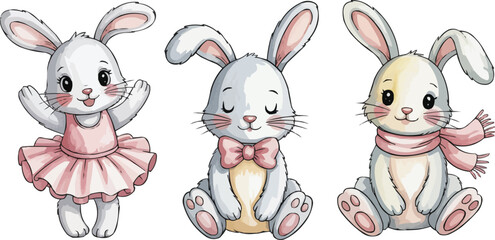 Three Adorable Watercolor Bunny Illustrations Ballerina, Bowtie, and ScarfWearing Rabbits on a White Background