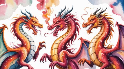 Three Colorful Dragons with Runes and Watercolor Background Fantasy Illustration, Mythical Creatures