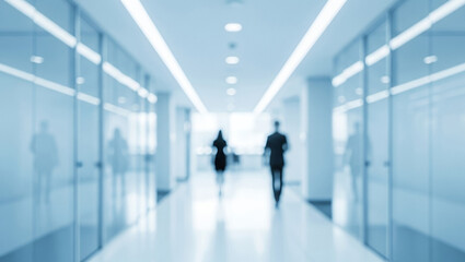 Blurred figures walk in a bright modern hallway with glass walls.