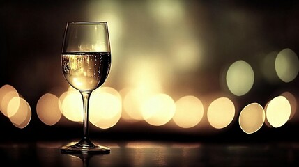 Wine glass filled with effervescent liquid, illuminated by warm bokeh lights