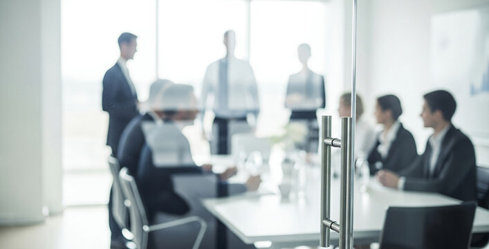 Business people in suits sit at a table in a bright conference room.