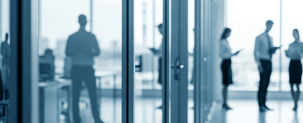Business people in an office building with glass walls and a cityscape background.