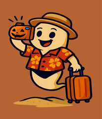 Cute ghost in vacation clothes floats mid-air, snapping a selfie with a pumpkin camera and holding a suitcase.