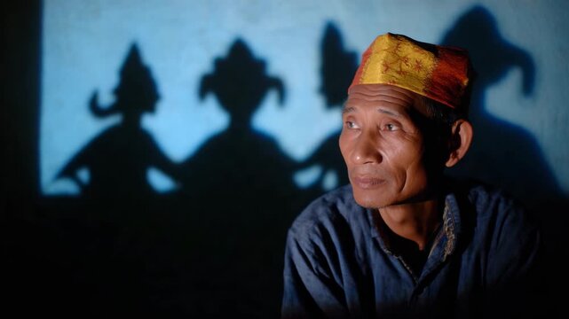 A contemplative man sits in shadow, reflecting cultural heritage as traditional puppetry silhouettes dance behind him, showcasing the artistry of shadow play and storytelling.
