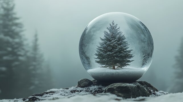 Snow globe made of ice crystal, pine tree spinning slowly within