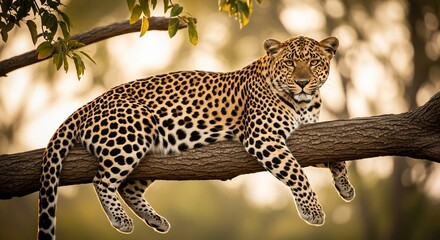 Obraz premium A majestic leopard rests languidly on a tree branch, dappled sunlight filtering through the leaves.