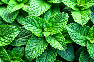 Macro View of Vibrant Green Mint Leaves with Detailed Natural Texture, Generative AI
