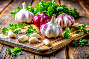 Farm-Fresh Garlic and Parsley Displayed on Rustic Wooden Tabletop, Generative AI