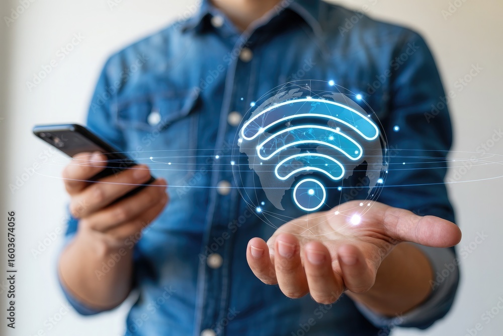 Aufkleber man holding a smartphone displaying a glowing blue digital globe with a wi fi symbol and network con