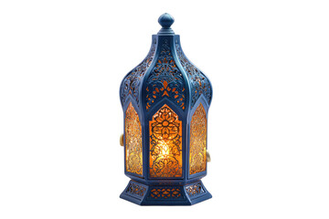 Ornate, blue lantern with warm light.  Detailed, decorative patterns, and glowing inner light.  Isolated on black