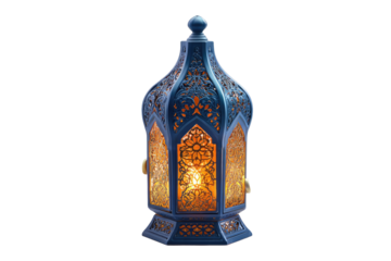 Ornate, blue lantern with warm light.  Detailed, decorative patterns, and glowing inner light.  Isolated on black