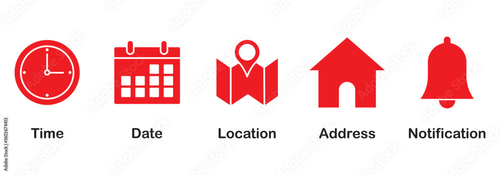 Poster date, time, location address, notification icon. address location icon. notification bell icon. stop