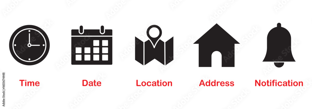Poster date, time, location address, notification icon. address location icon. notification bell icon. stop
