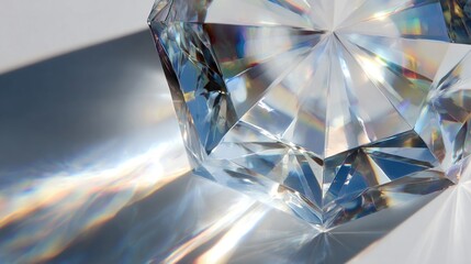 and keyword list based on the image

 Sparkling diamond refracts light, casting prism shadows in bright studio closeup view