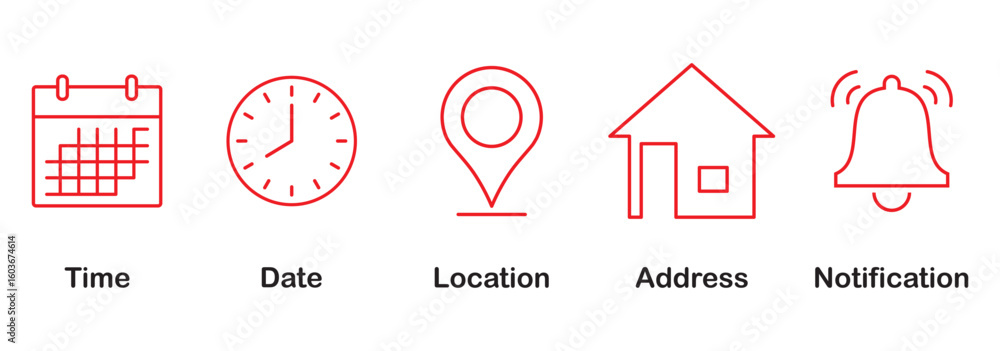 Poster date, time, location address, notification icon. address location icon. notification bell icon. stop
