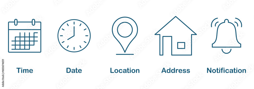 Poster time, date and address yellow line ,flat icons set. event calendar reminder clock business schedule 