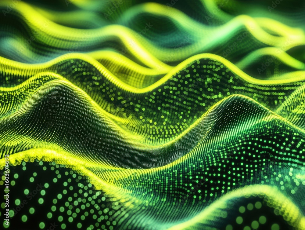 Poster vibrant waves of green and yellow flow in an abstract pattern, portraying a sense of energy and move