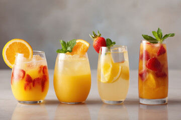 create stunning display of various alcoholic beverages featuring fruit cocktails on smooth clean background